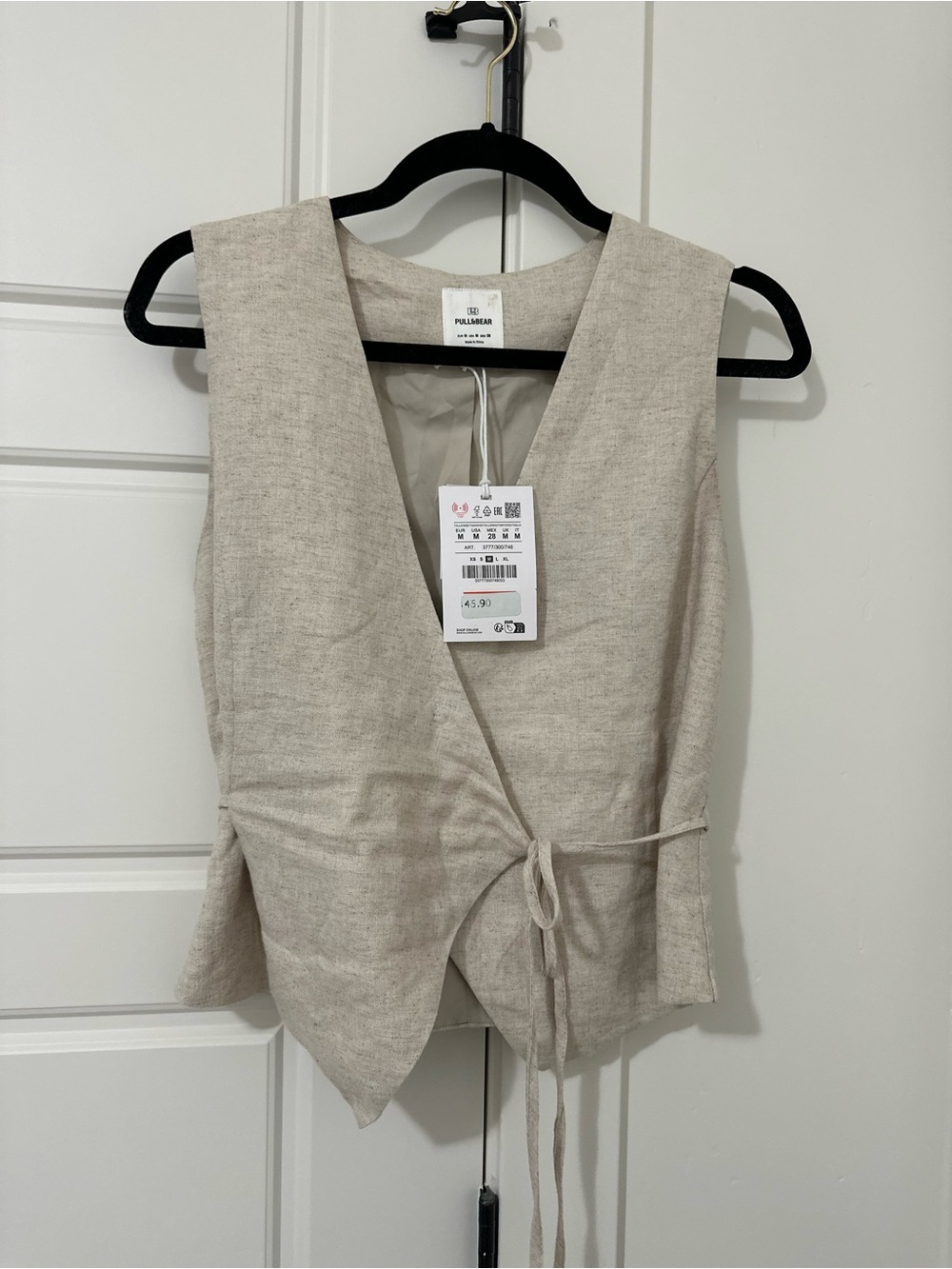 Pull&Bear Women's Cream Linen-Blend Wrap Vest with Tie Front